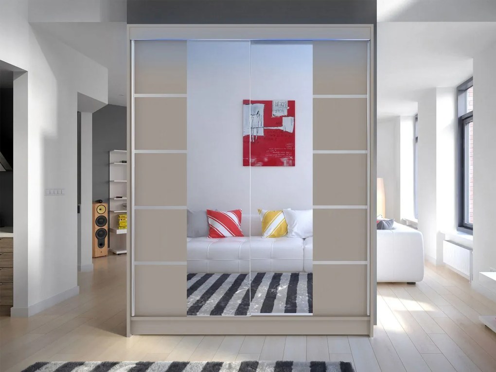 Posuvná skriňa Belgia V, Farby: biela / čierna + zrkadlo, Osvetlenie: osvetlenie LED RGB - farebné