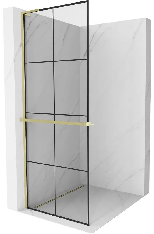 Mexen Kioto+ L, sprchová zástena Walk-In s poličkou a vešiakom 70 x 200 cm, 8mm číre sklo čierny vzor, zlatý matný profil, 800-070-123-55-77