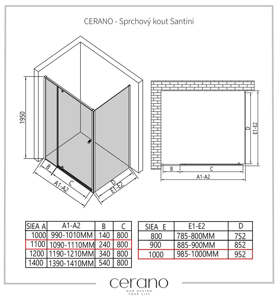 Cerano Santini, sprchovací kút 110(dvere) x 100(stena) x 195 cm, 6mm číre sklo, čierny profil, CER-CER-428995