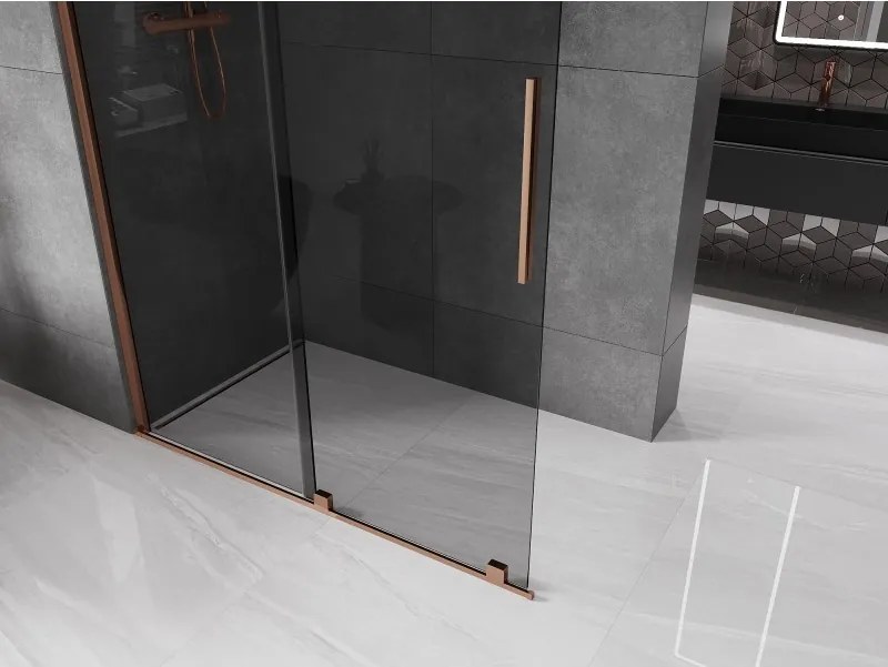 Mexen Velar, sprchová zástena s posuvnými dverami Walk-in 140 x 200 cm, 8mm šedé sklo, ružové zlato, 871-140-000-43-60