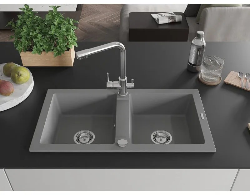 Mexen Mario, 2-komorový granitový drez 820x436x161 mm a chrómová drezová batéria Duero, šedá, 6504-71-671600-00