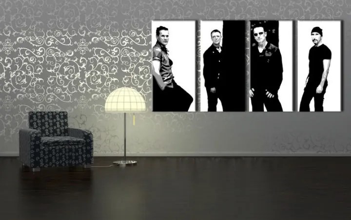 Ručne maľovaný POP Art obraz U2 in Black 4 dielny  U2