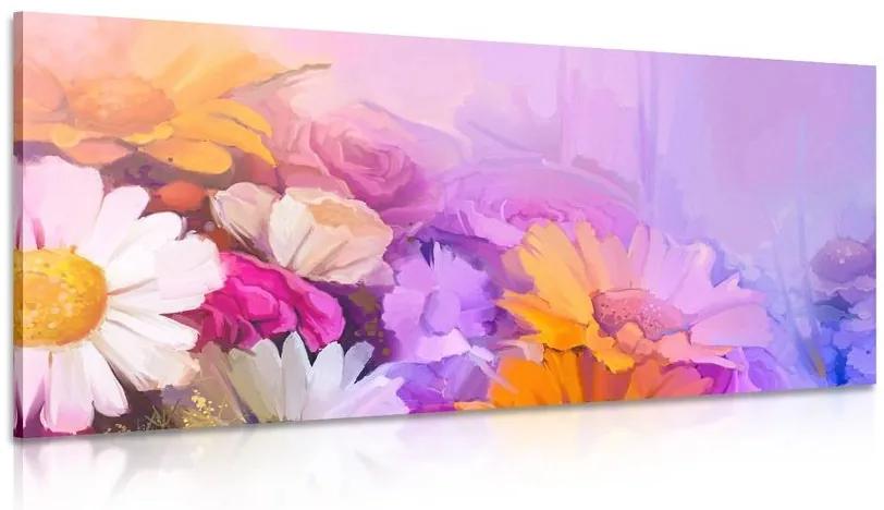 Obraz olejomaľba pestrofarebných kvetov - 135x45