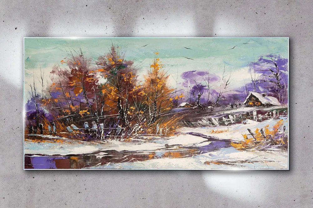 Skleneny obraz Zimné sneh stromy hut rieka
