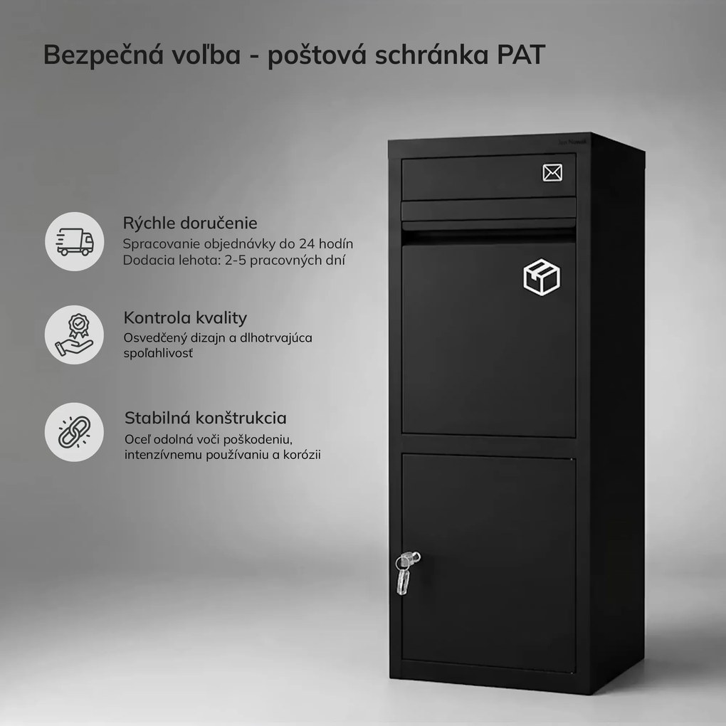 Kovová schránka na balíky a listy, vonkajšia, uzamykateľná, čierna: Paczkobox PAT