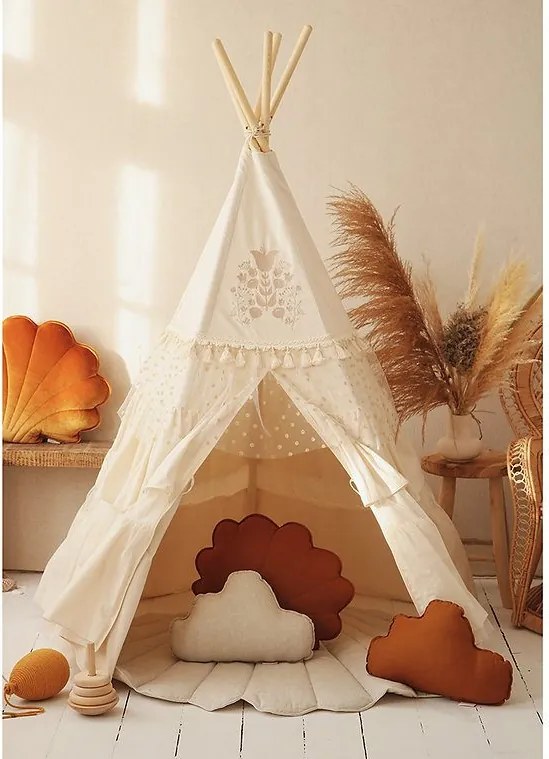 Boho stan teepee s volánikmi a výšivkou béžový