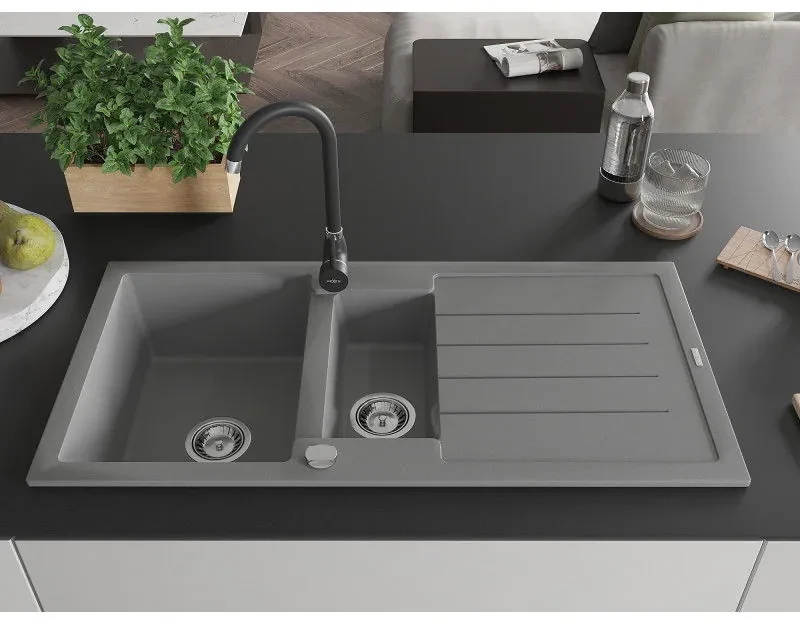 Mexen Andres, granitový drez 1000x500x200 mm, 1,5-komorový, šedá s chrómovým sifónom a čierna drezová batéria Telma, 6515-71-670200-70