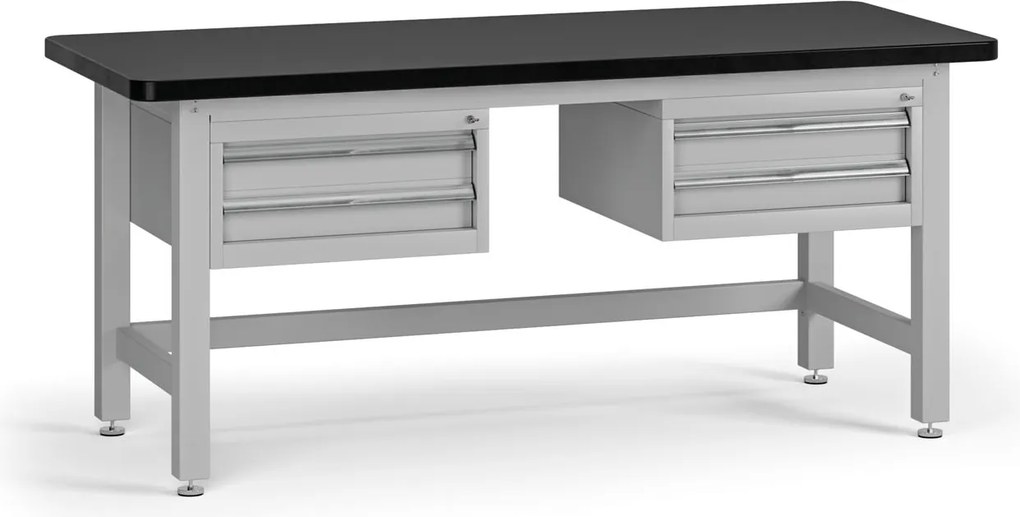 Pracovný stôl do dielne G4 s 2 závesnými boxami na náradie, MDF + PVC doska, 4 zásuvky, 1800 x 750 x 800 mm, sivá