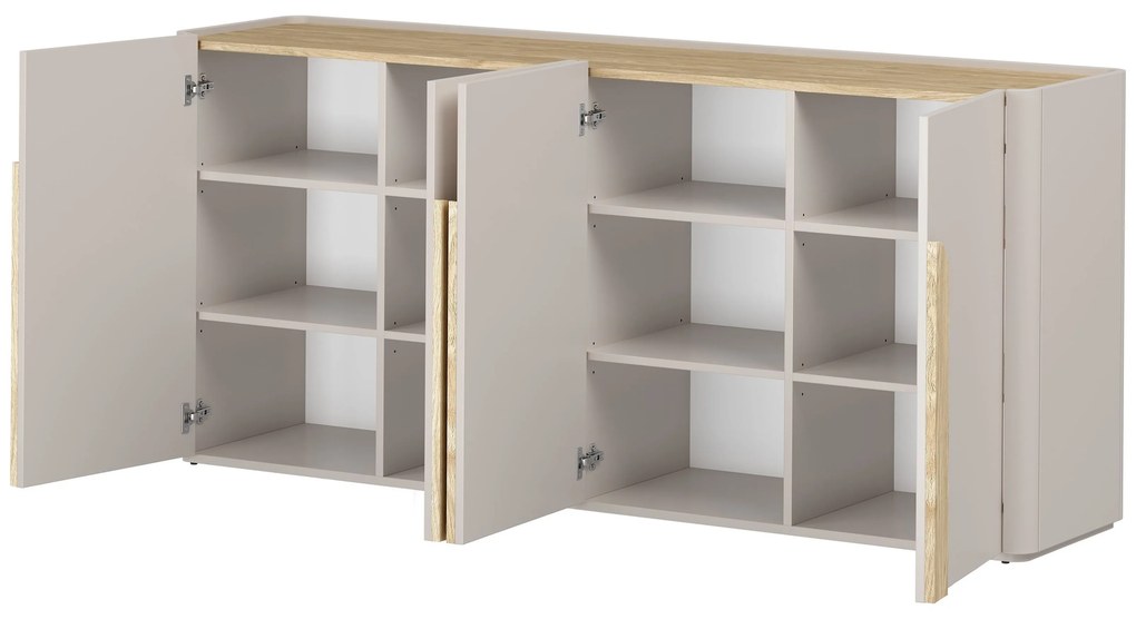 Komoda Amilio 200 cm štvordverová - kašmír / olejovaný dub / úchytky svetlý dub