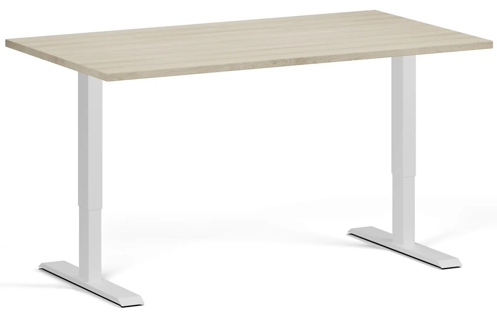 Výškovo nastaviteľný stôl, 140x80 cm, 1 motor, biela podnož, dub prírodný