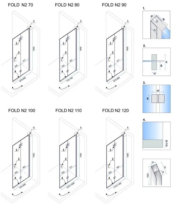 Rea Fold N2, sprchový kút so skladacími dverami 80 (dvere) x 80 (dvere) x 1900 cm, 6mm číre sklo, chrómový profil, KAB-00006