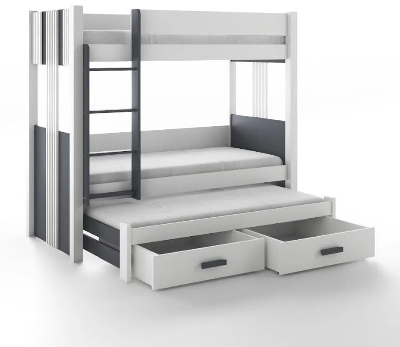 Detská poschodová posteľ z masívu borovice ARTEN III s prístelkou a šuplíky - 200x90 cm - biela/grafitová