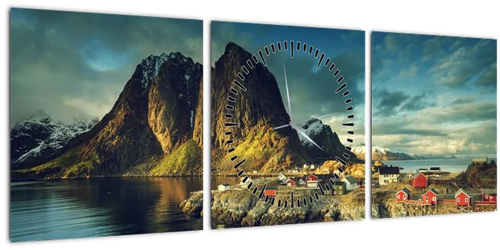 Obraz rybárskej dediny v Nórsku (s hodinami) (90x30 cm)