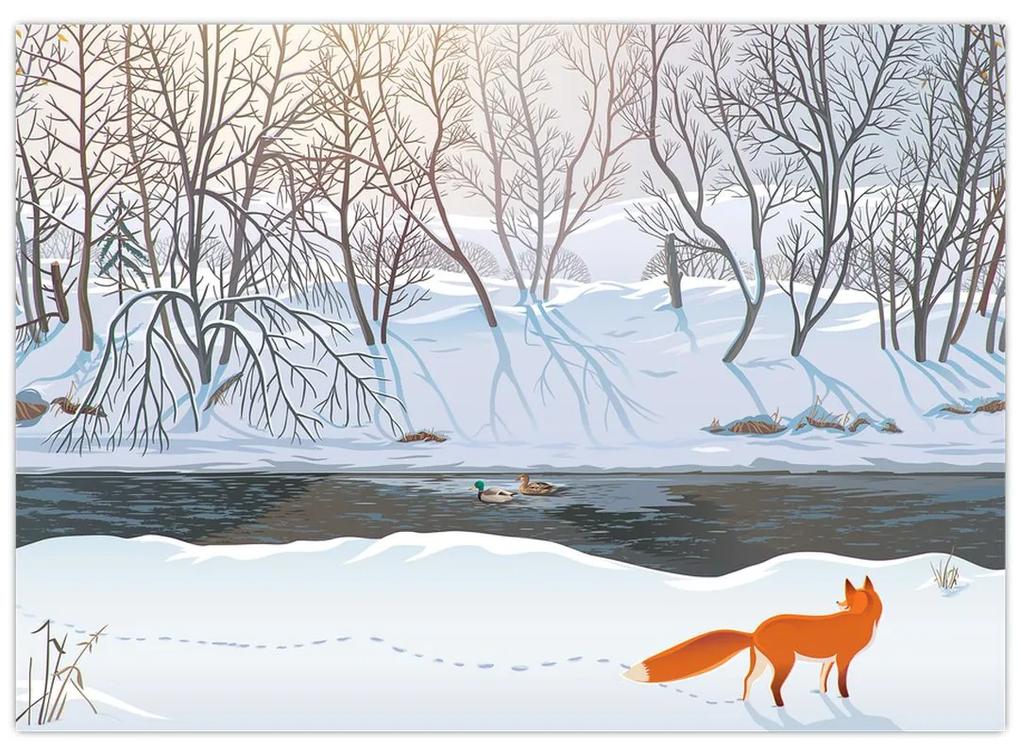 Sklenený obraz - Líška v zimnej krajine (70x50 cm)