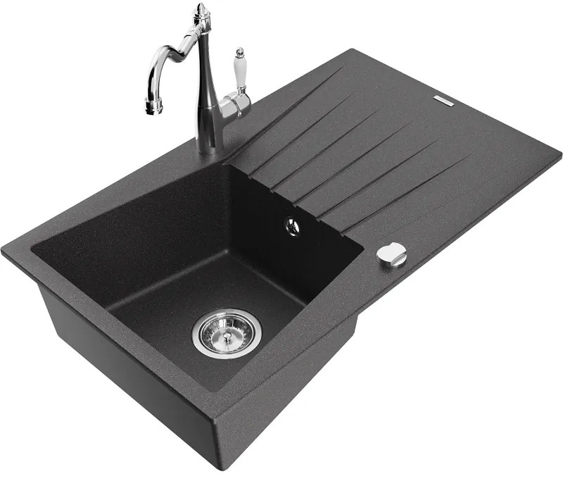 Mexen Cesar, 1-komorový granitový drez 775x470x190 mm a drezová batéria Carla, čierna škvrnitá, 6514-76-670700-00