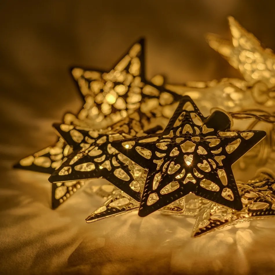 DECOLED LED světelný řetěz na baterie, kovové hvězdy, teple bílá, 10 diod, 1,3 m