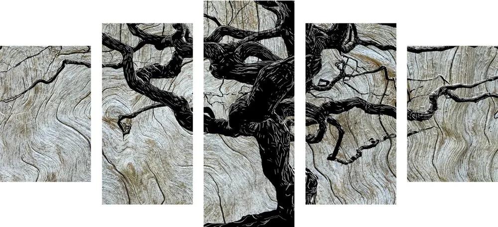 5-dielny obraz abstraktný strom na dreve - 200x100