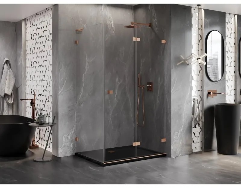 Mexen Lunar-F L, 1-krídlový sprchový kút so skladacími dverami, pravý, 90 x 70 cm, 8mm číre sklo, medený profil, 836L-090-070-65-00-P
