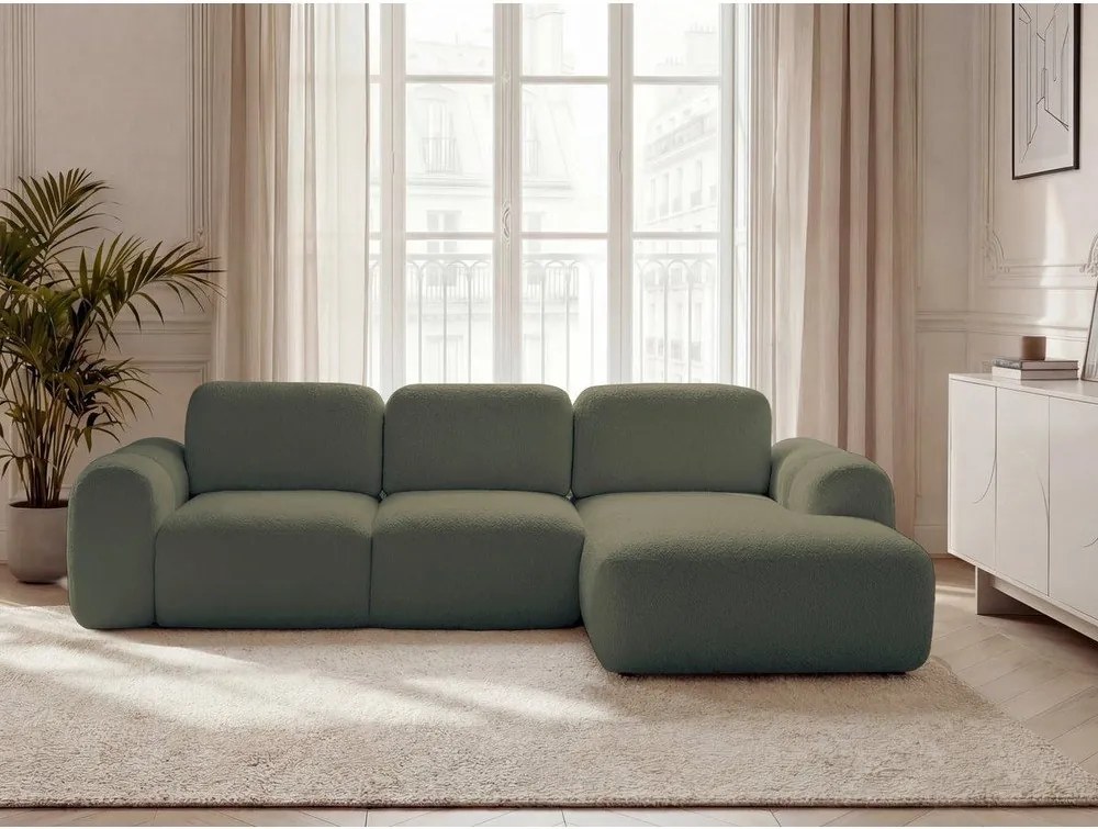 Zelená rozkladacia/s úložným priestorom rohová pohovka z textílie buklé (pravý roh/s leňoškou) Montaigne – Bobochic Paris