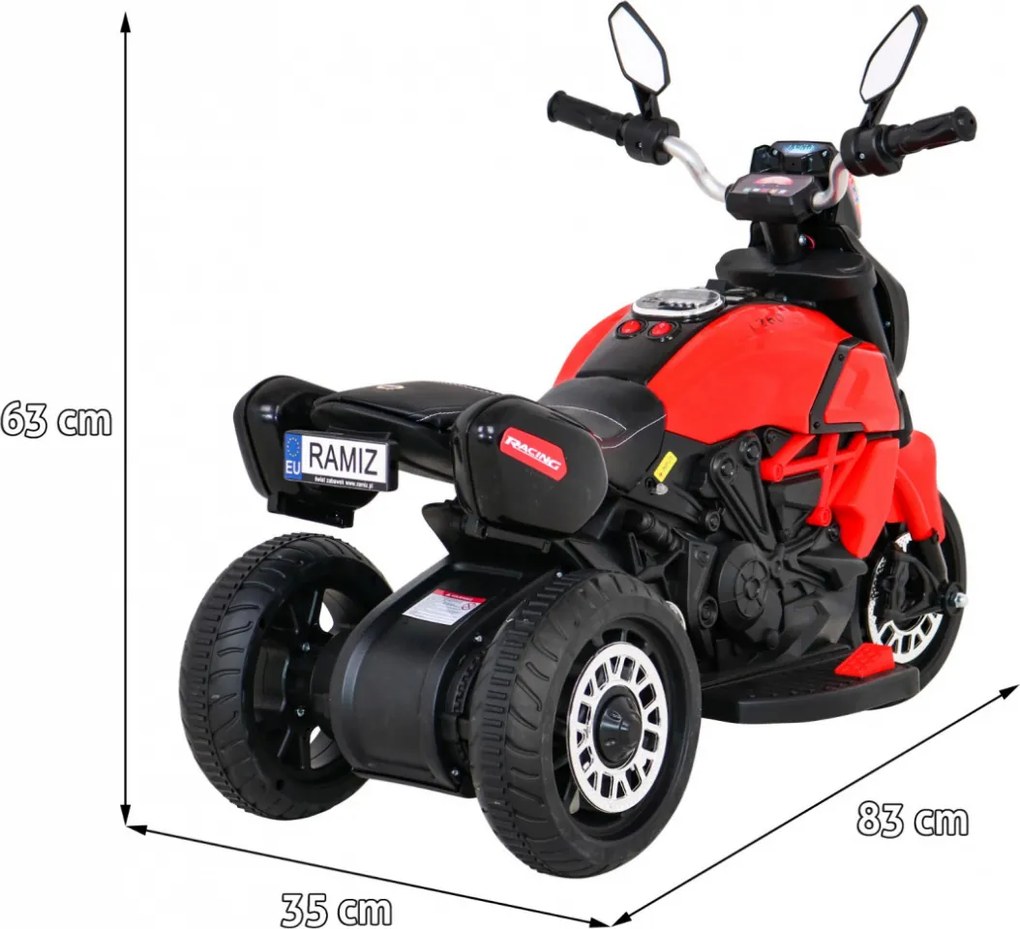 Ramiz Rýchla turistická motorka na batérie pre deti Červená + Audio + Svetlá + Eko koža