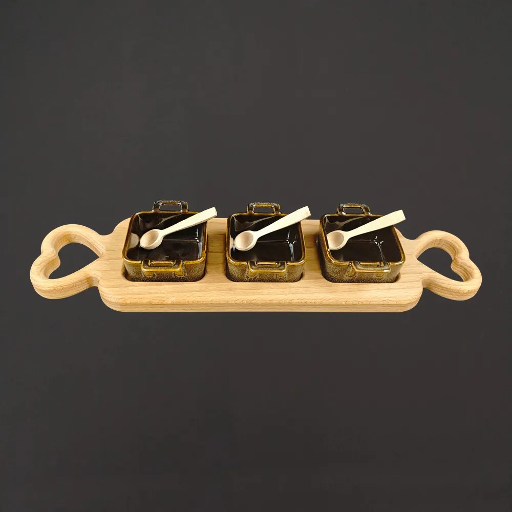 AMADEA 46240 Podnos 3 keramické misky a drev. lyžičky 43cm drev. dekorácie