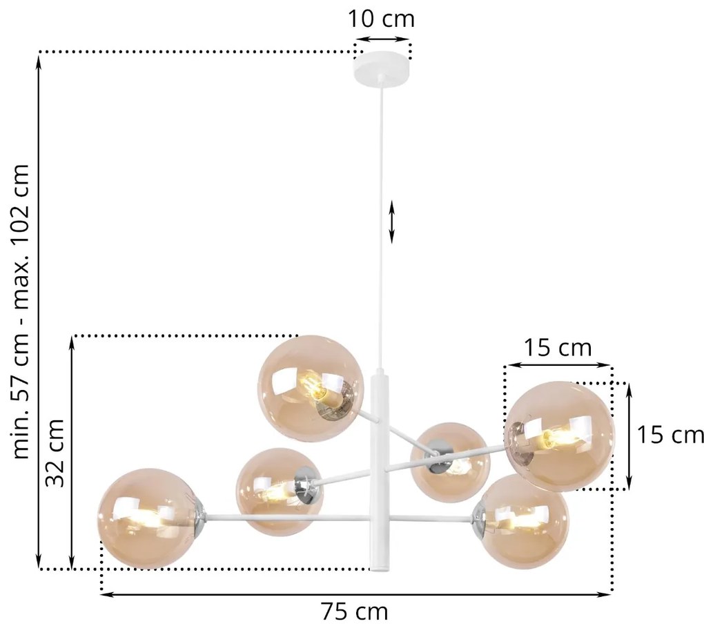 Závesne svietidlo Paris, 6x medové sklenené tienidlo, W/CH, X
