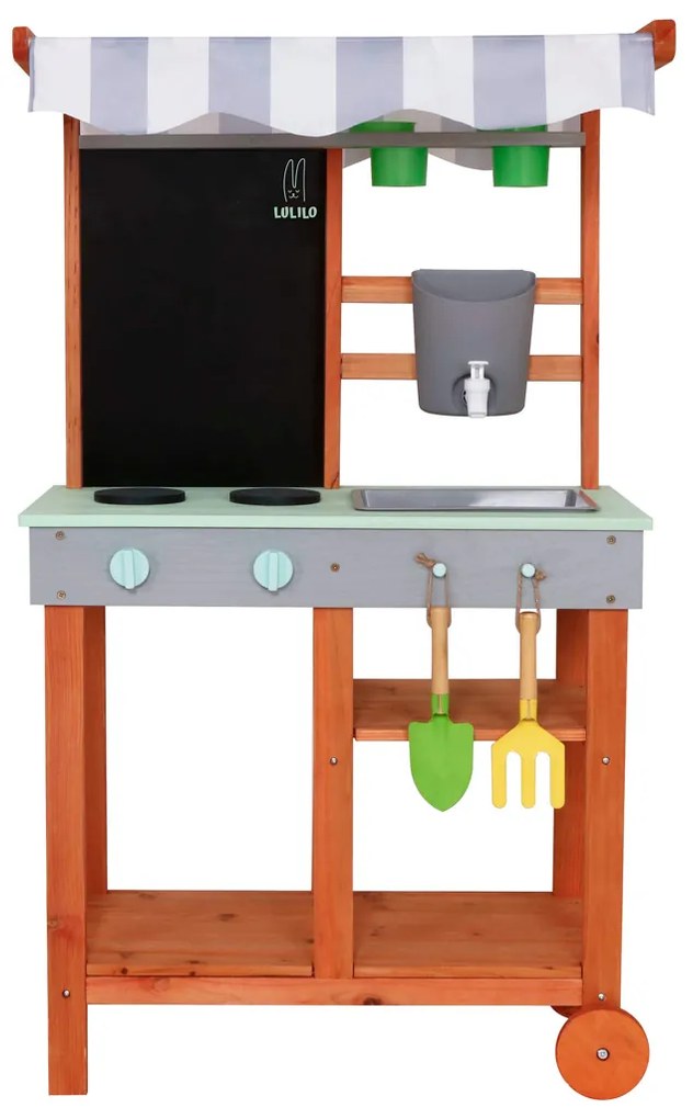 KIK Blatová drevená kuchynka pre deti - záhradná, mobilná, s príslušenstvom a umývadlom
