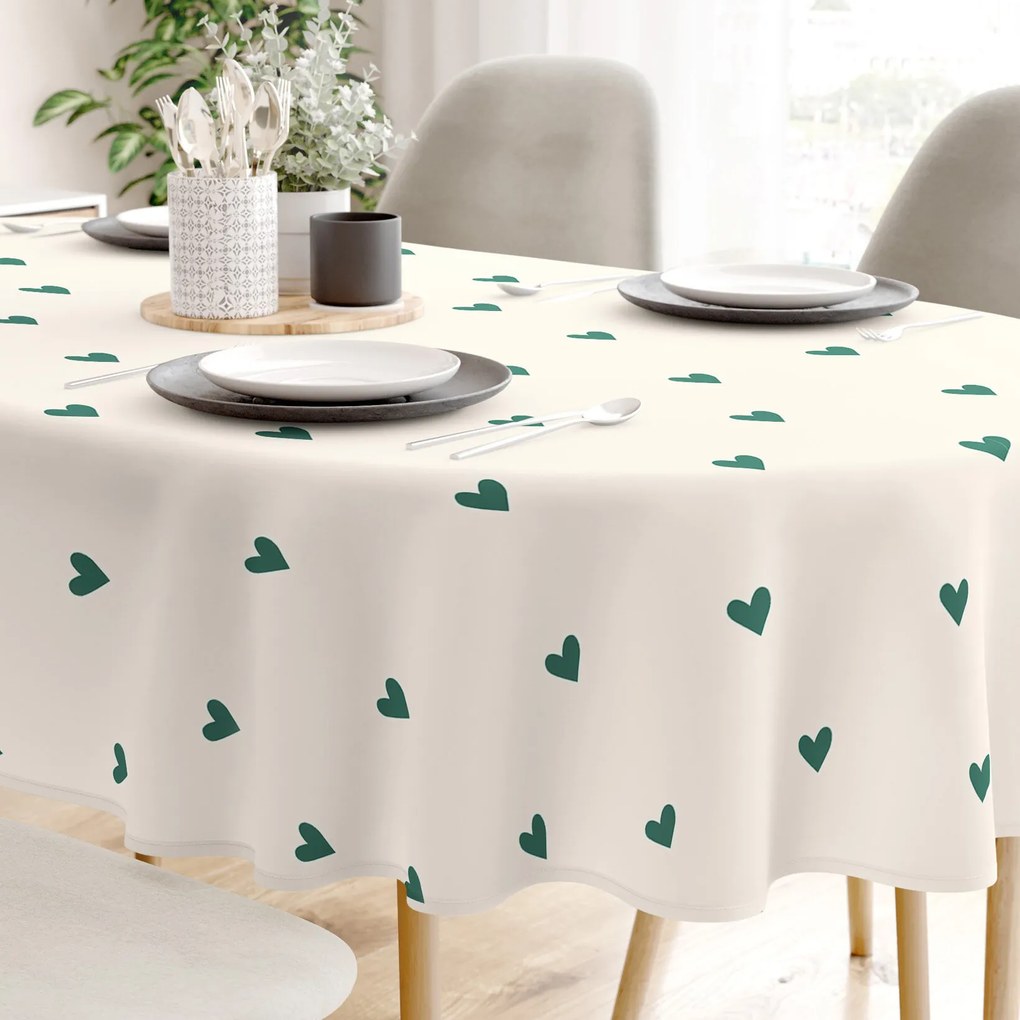 Goldea oválny obrus 100% bavlnené plátno - srdiečka na slonovej kosti 140 x 220 cm
