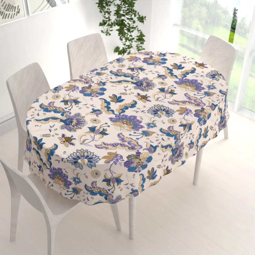 Biante Bavlnený oválny obrus Sandra SA-539 Modro-fialové orientálne kvety na svetlo béžovom 80x120 cm