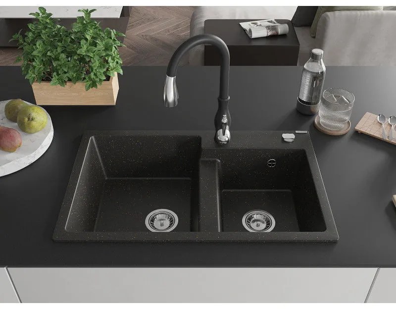 Mexen Tomas, granitový drez 800x500x190 mm, 2-komorový a drezová batéria Savita, čierna-zlatá metalíza, 6516-75-672601-70