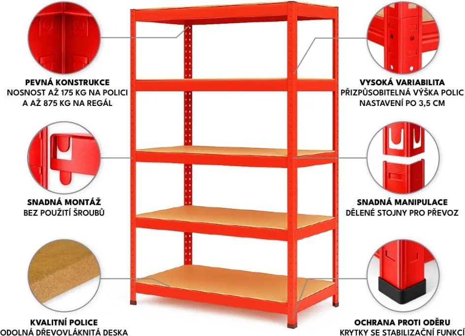 Akcia 20x Regál 180x90x40 cm lakovaný 5-policový, nosnosť 875 kg - červený