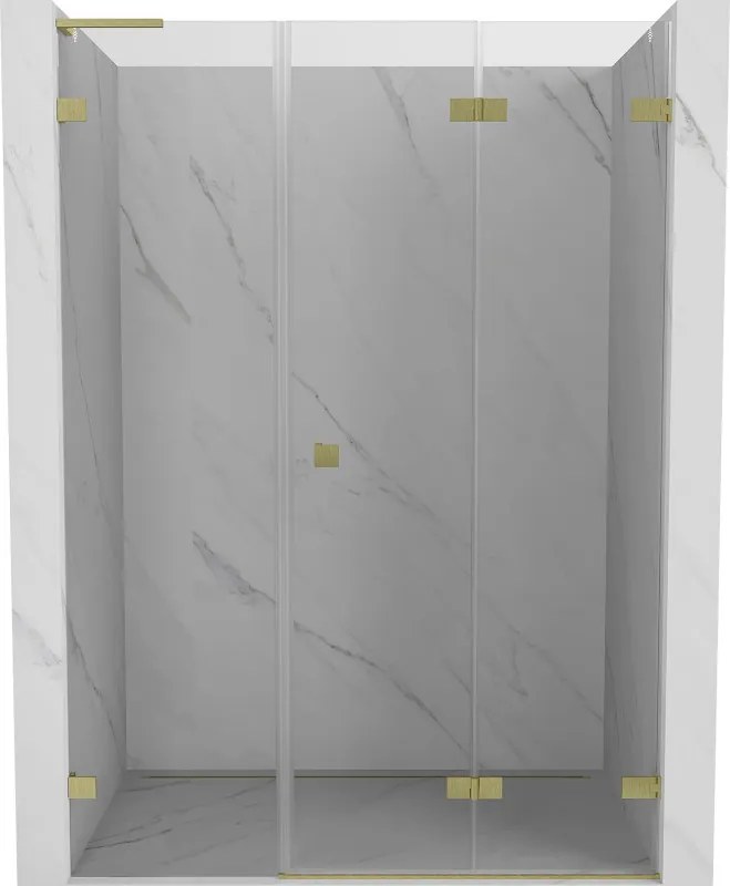 Mexen Lunar-F, L pravé sklápacie sprchové dvere 145 cm, 8mm číre sklo, zlatý matný profil, 836SL-145-050-55-00-P