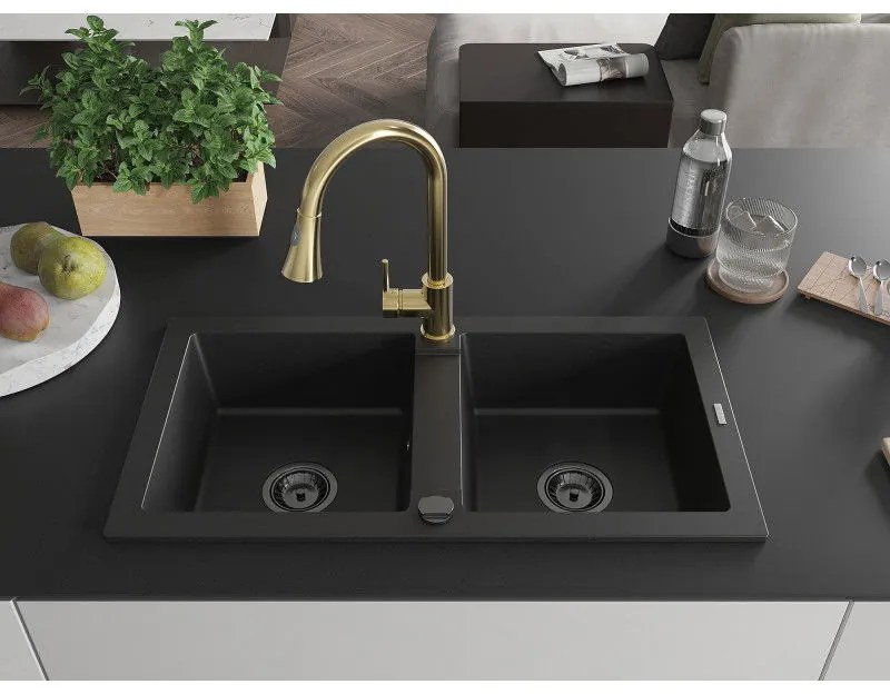 Mexen Mario, 2-komorový granitový drez 820x436x161 mm a drezová batéria Elia, čierna, 6504-77-670101-50-B