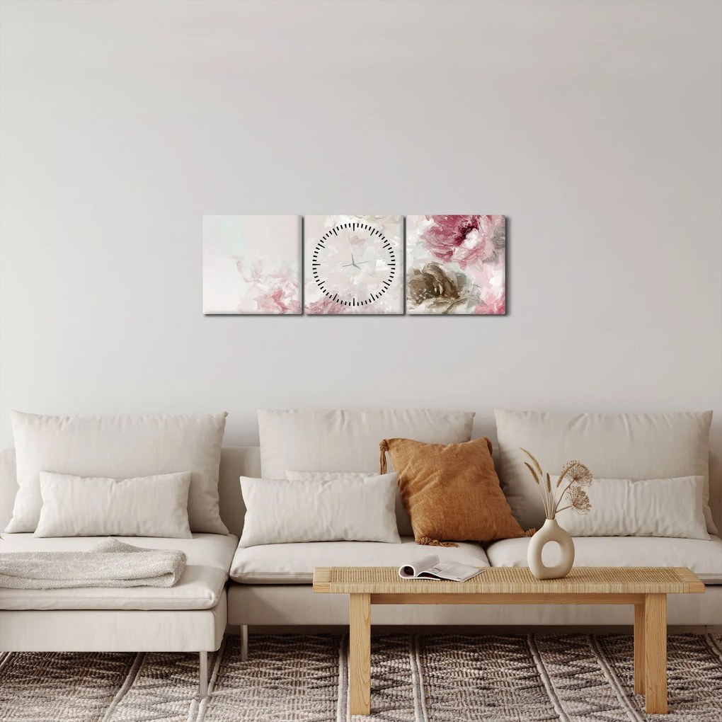 Obraz - Maľba ružových kvetov (s hodinami) (90x30 cm)