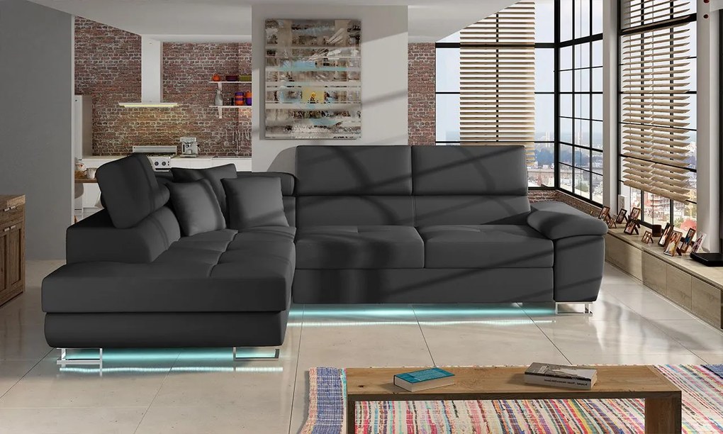 Rohová sedačka Alvin LED, Dostupné poťahy: Ekokoža Soft 011 (čierna) + Lux 06 + Ekokoža Soft 011 (čierna), Strana: pravá