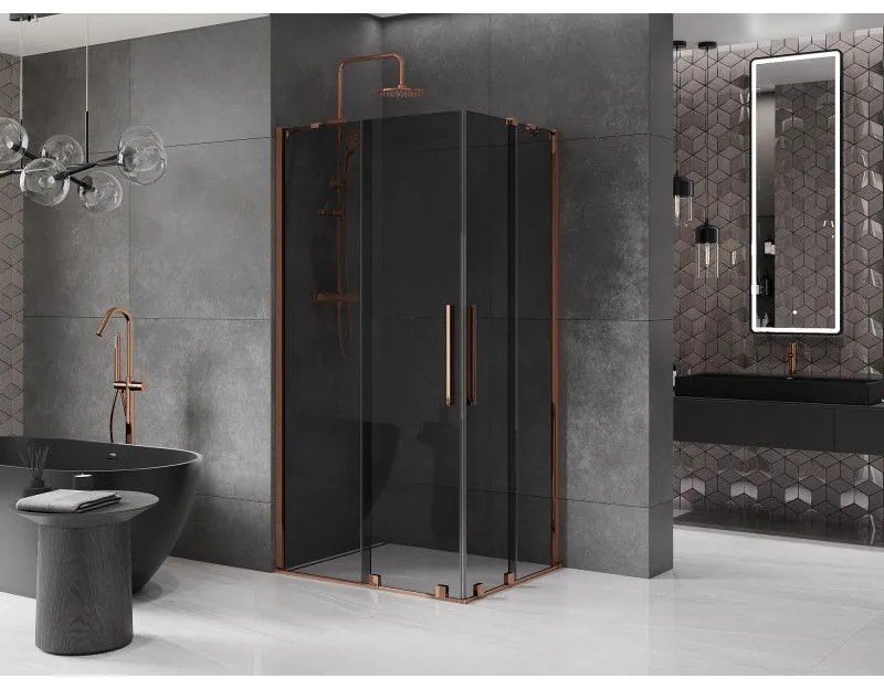 Mexen Velar Duo, sprchový kút s posuvnými dverami 90 x 80 cm, 8mm šedé sklo, ružové zlato, 871-090-080-42-60