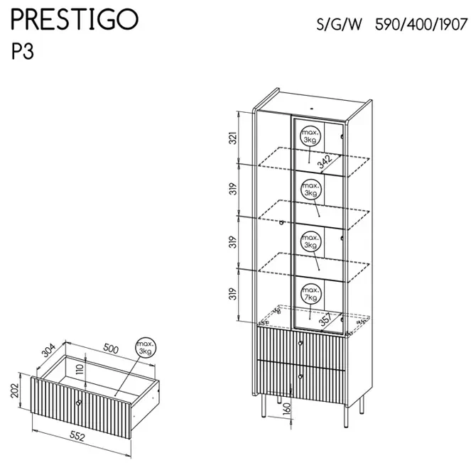 Vitrina Presto P3, orech warmia/san sebastian/čierny mat