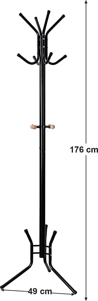 Štýlový kovový vešiak, stojan na kabáty s 12 háčikmi, čierny