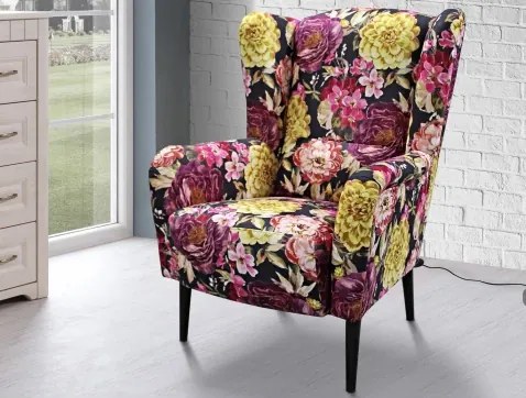 Kreslo ušiak Canto, látka s motívom farebných kvetov%