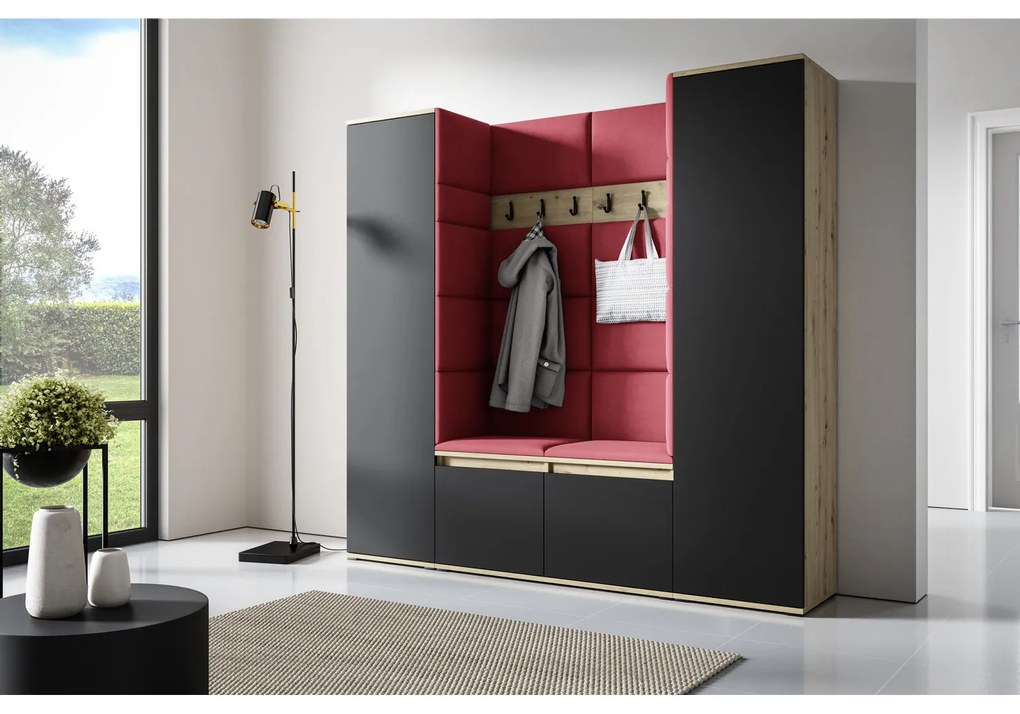 Predsieňová stena AMI 31 Bez zrkadla Dub artisan + čierna Tmavo červená