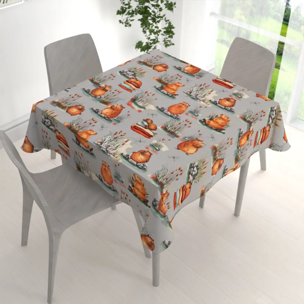 Biante Detský bavlnený štvorcový obrus Sandra SA-711 Kapybary na sivom 90x90 cm