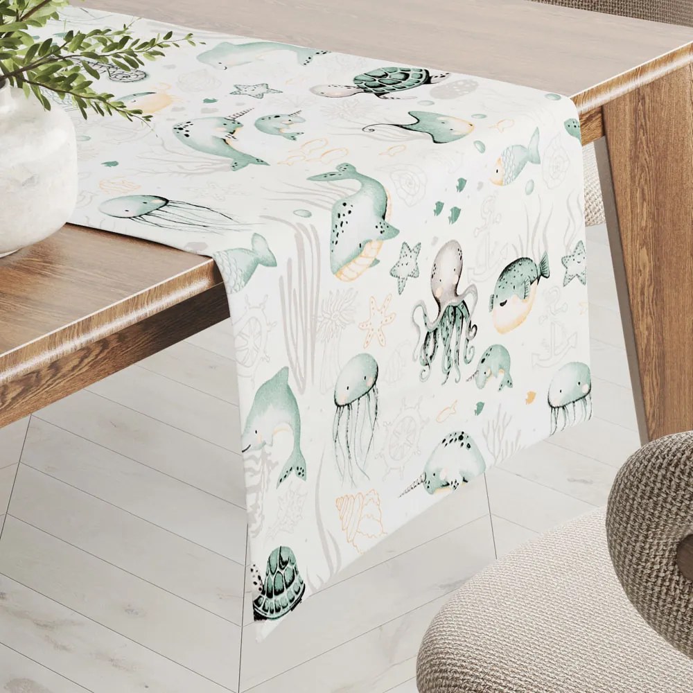 Biante Detský bavlnený behúň na stôl Sandra SA-688 Morský svet zelený na bielom 45x140 cm