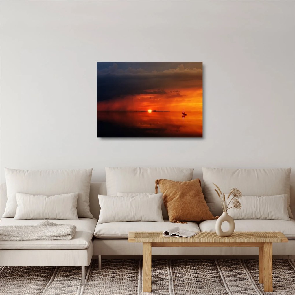 Sklenený obraz západu slnka s plachetnicou (70x50 cm)