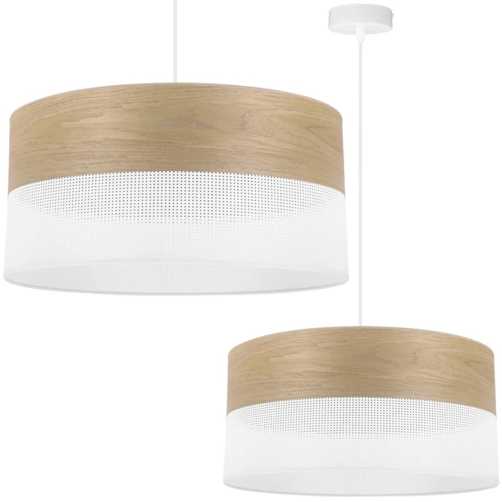 Závesné svietidlo Wood, 1x dýha zlatý dub/biele PVC tienidlo, (fi 44cm)