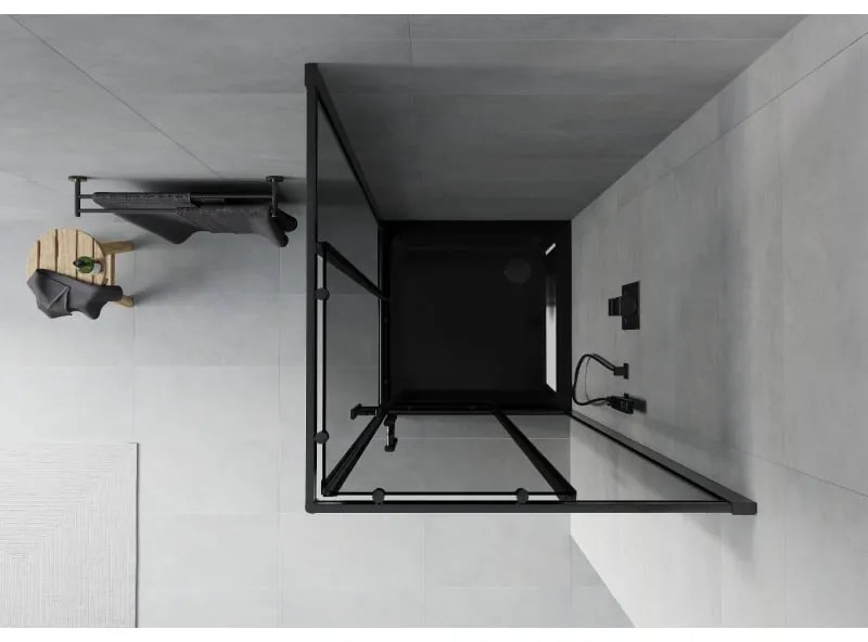 Mexen Rio, štvorcový sprchovací kút s posuvnými dverami 80(dvere) x 80(dvere) x 190 cm, 6mm šedé sklo, čierny profil + čierna sprchová vanička SLIM, 860-080-080-70-40-4070B