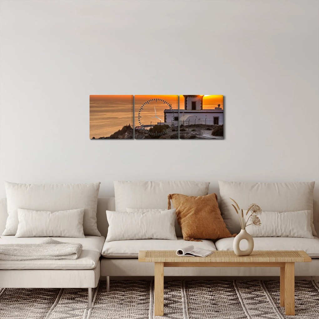 Obraz majáka pri západe slnka (s hodinami) (90x30 cm)