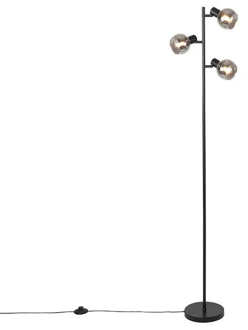 Art Deco stojaca lampa čierna 3-svetlo s dymovým sklom - Vidro