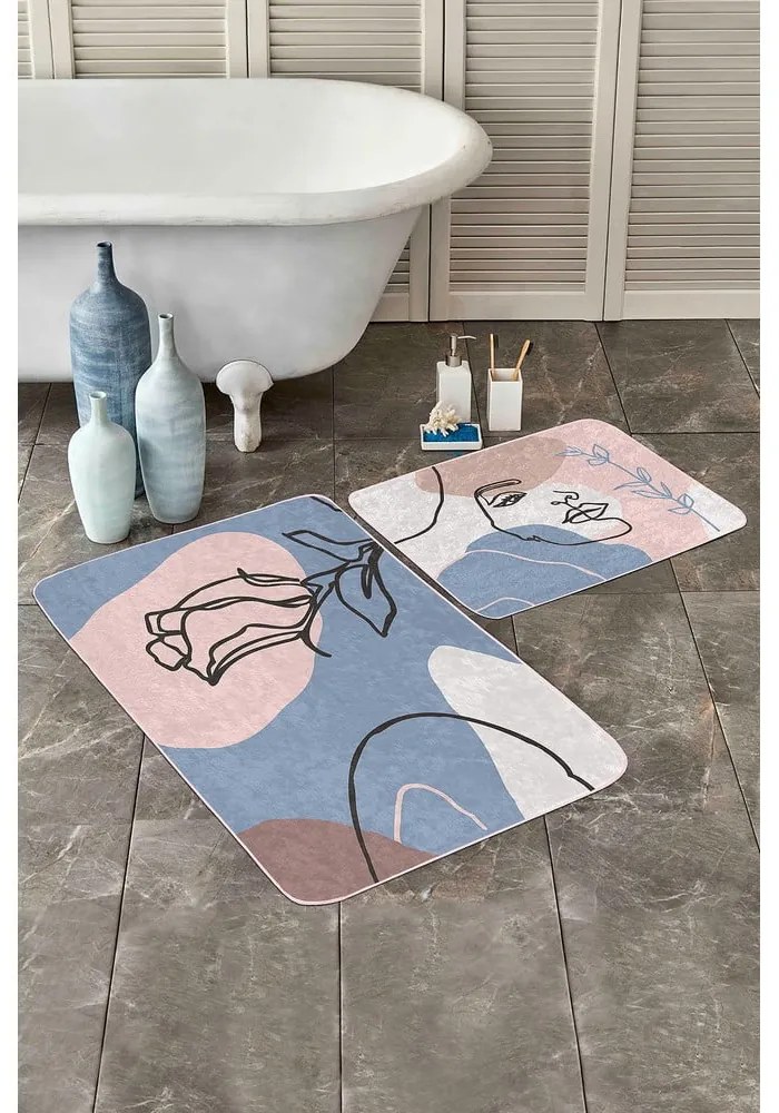 Modro-ružové zamatové kúpeľňové predložky v súprave 2 ks 60x100 cm Abstract Faces – Mila Home