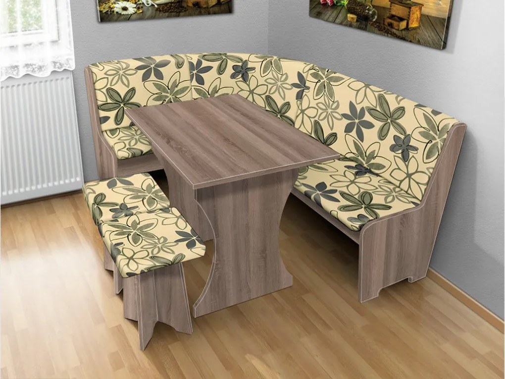 Nabytekmorava Jedálenská rohová lavica sa štokrlemi a stolom farba lamina: orech lyon 9614, čalúnenie vo farbe: Mega 017 sivá