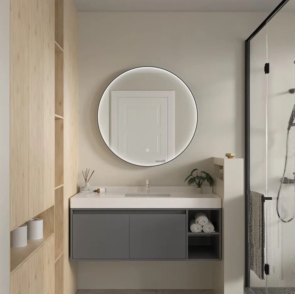 Erga Charlotte, okrúhle LED zrkadlo 90cm, čierny kovový rám, 2070 lm, 6500K, predné bočné osvetlenie, ERG-V01-204-9090-BK